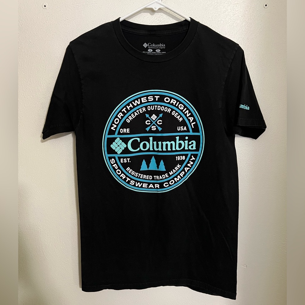 COLUMBIA SPORTSWEAR Classic Logo Outdoor T Shirt Black‎ Teal Green Men's Size S